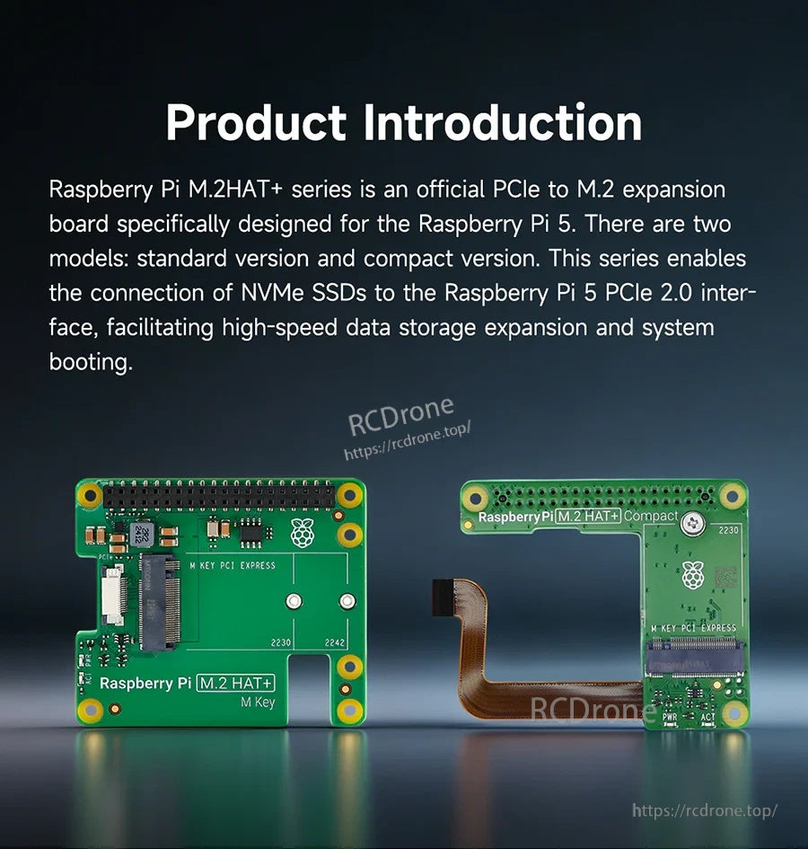Product introduction graphic for Raspberry Pi M.2 HAT+ Standard and Compact versions for Raspberry Pi 5