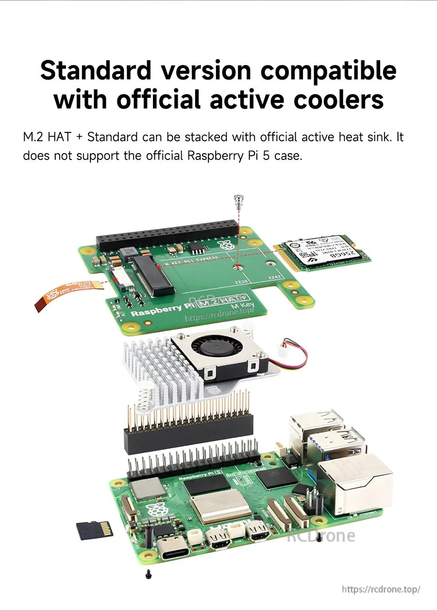 Exploded assembly view of Raspberry Pi 5 with M.2 HAT+ Standard, NVMe SSD, spacers, and active cooler clearance