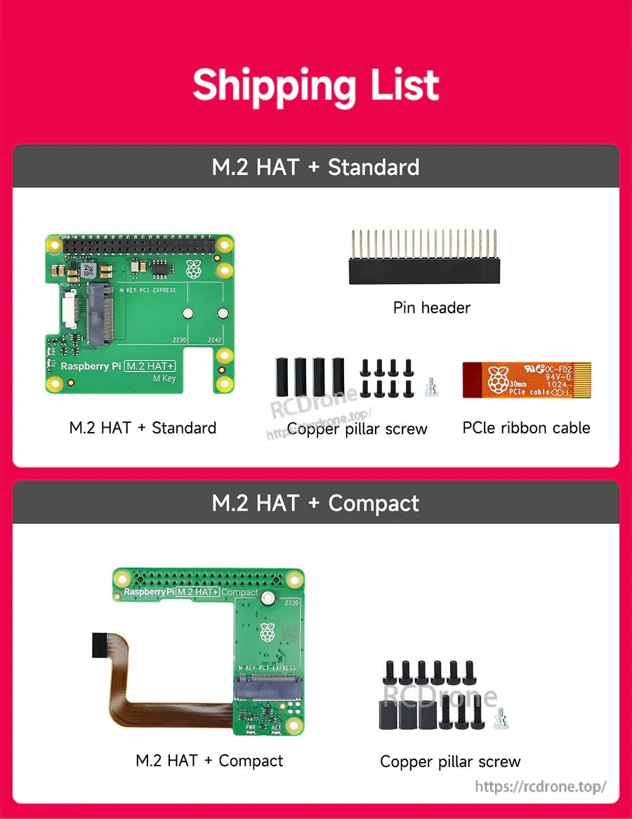 Package contents list: M.2 HAT+ Standard/Compact boards, PCIe ribbon cable, pin header, screws and spacers