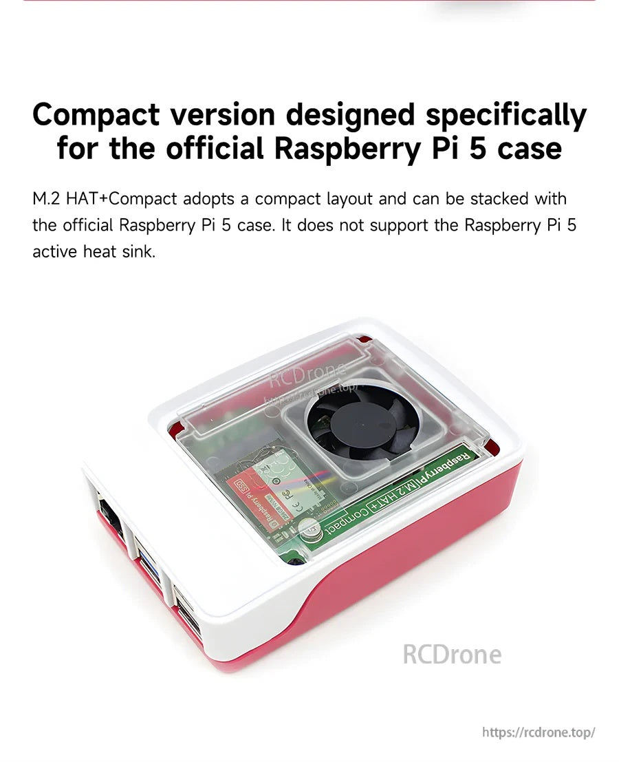 Raspberry Pi 5 case compatibility graphic for M.2 HAT+ Compact version with Raspberry Pi 5 official case
