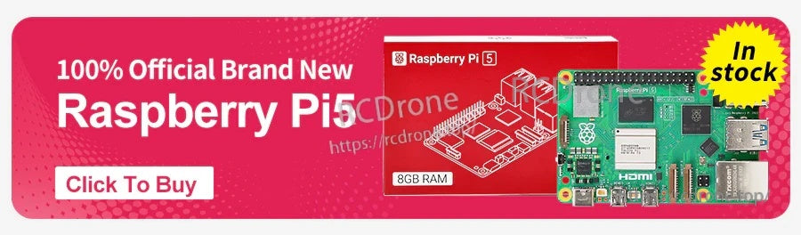 Promotional banner for Raspberry Pi 5 products with “100% Official Brand New” and “In stock” text