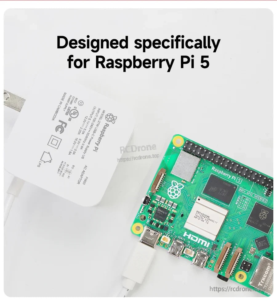 Raspberry Pi 5 board connected to the official USB‑C power supply, emphasizing it is designed specifically for Pi 5