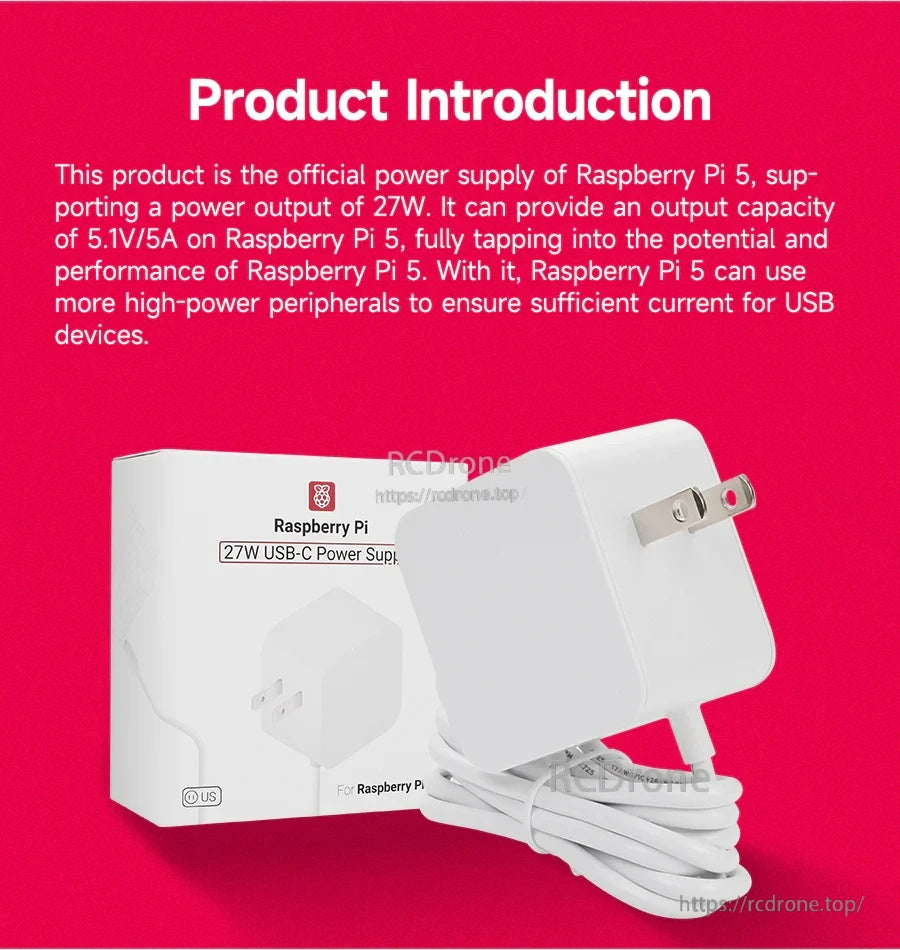Box and charger view of the Raspberry Pi 5 official 27W USB‑C power supply, US plug, white finish