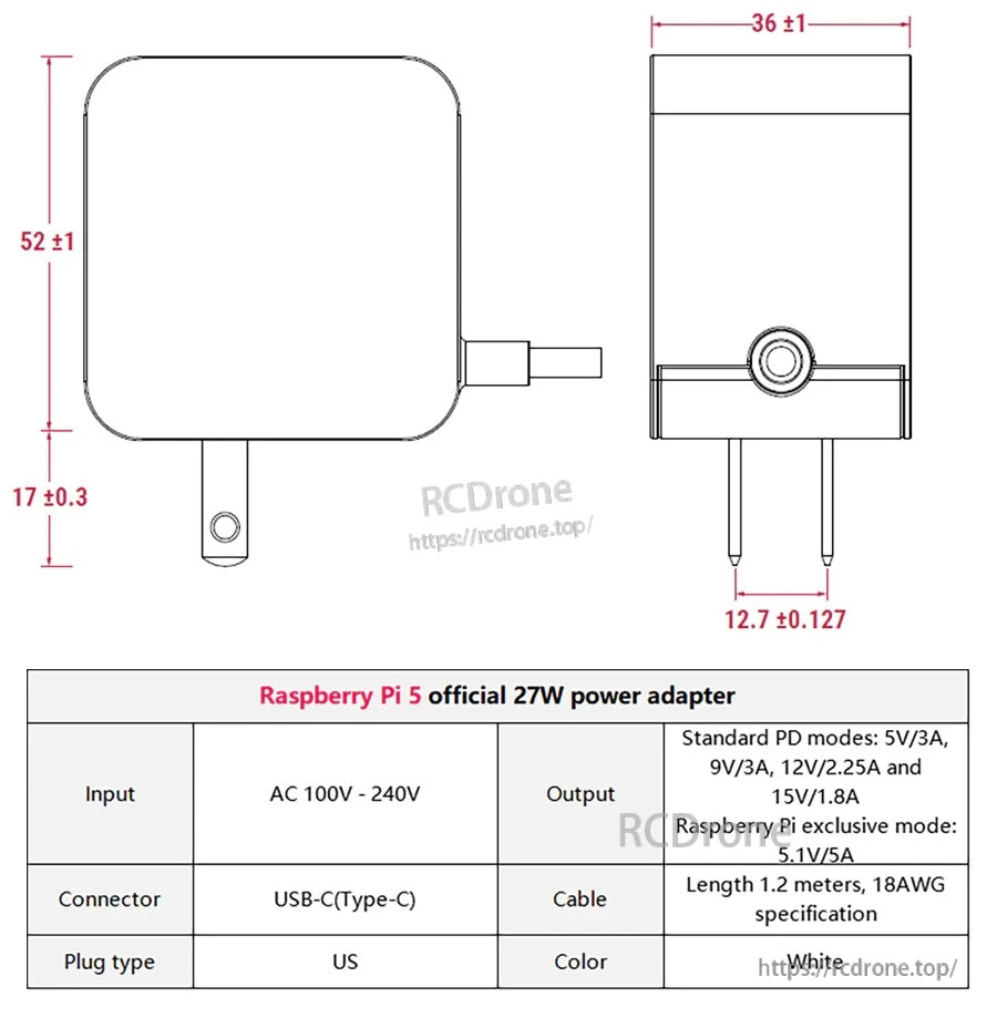 Outline drawing and spec table for Raspberry Pi 5 official 27W power adapter showing PD outputs and US plug spacing