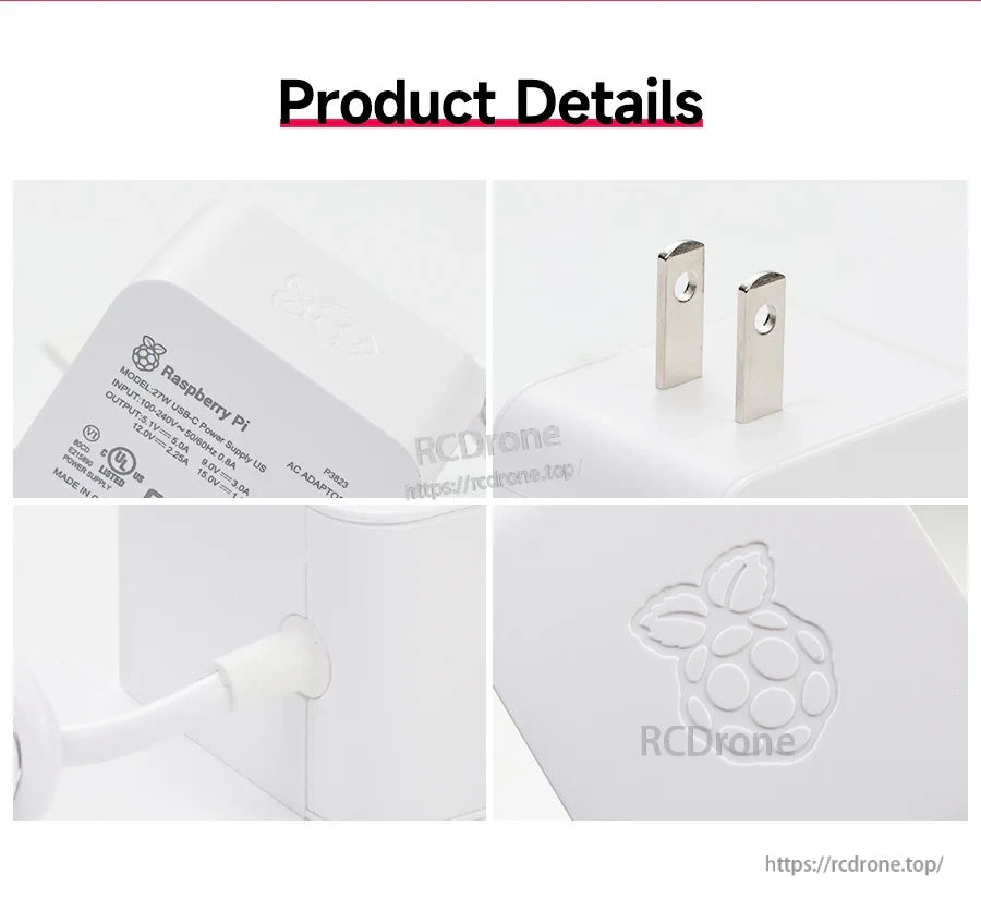 Close-up collage of Raspberry Pi 5 power adapter details: label, US prongs, strain relief, and embossed logo