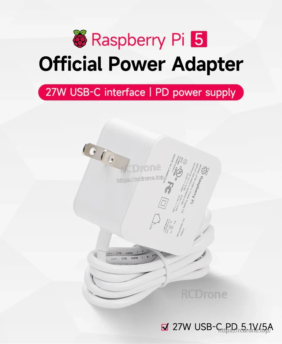 Raspberry Pi 5 Official 27W USB‑C Power Supply with US plug and attached white USB‑C cable