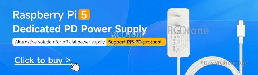 Raspberry Pi 5 dedicated PD power supply promotional graphic with adapter and “Support Pi5 PD protocol” text