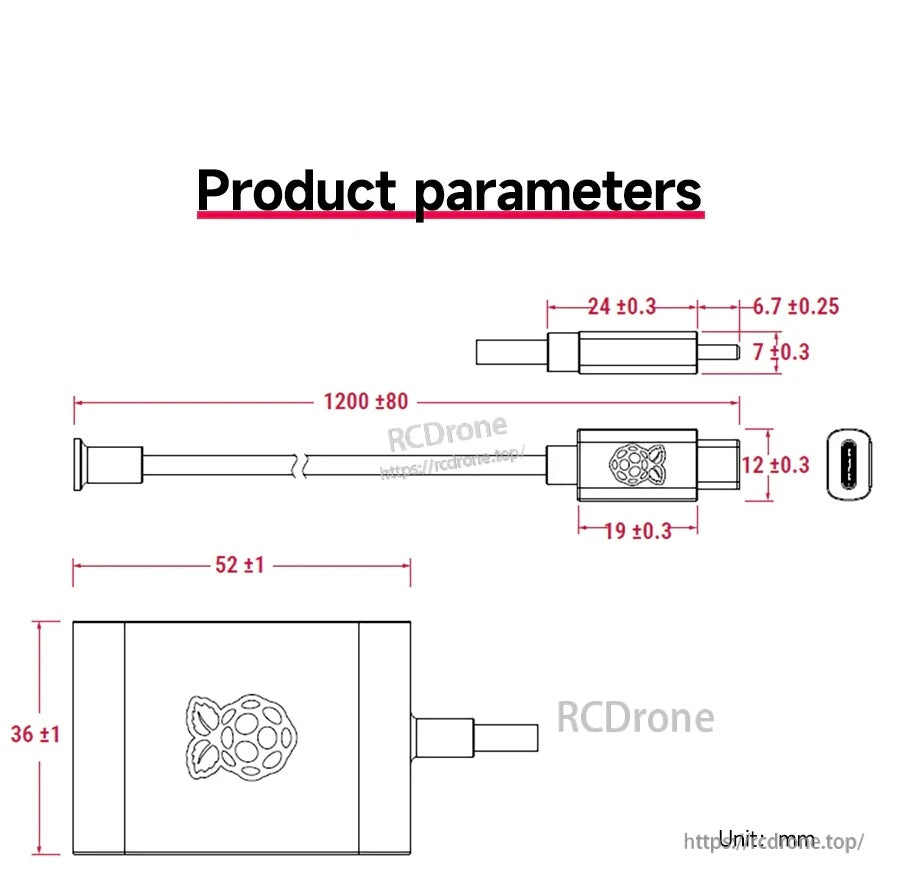 Technical drawing with dimensions for the adapter body, USB‑C plug, and 1.2 m cable length