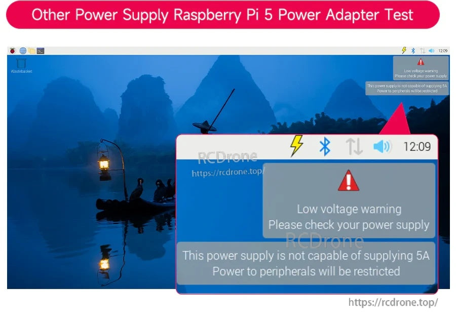 Raspberry Pi desktop screenshot with low-voltage warning during third-party power supply test