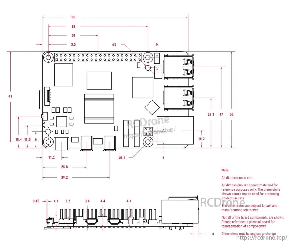 Raspberry Pi 5 SBC, Raspberry Pi 5 technical diagram showing approximate dimensions in mm. For reference only—components and sizes may vary. Use actual board for accuracy. Not for production. (24 words)