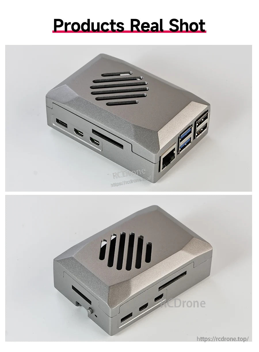 Real-life angles of the Yahboom Raspberry Pi 5 ABS Silver Case showing vented top and side cutouts