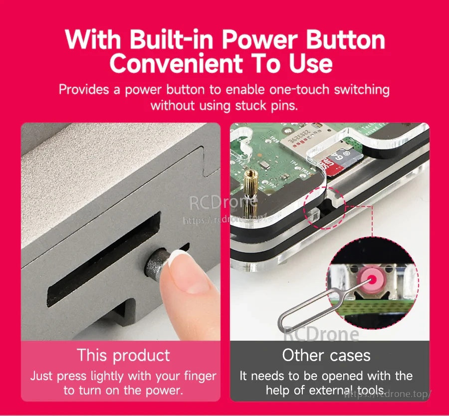 Built-in power button detail on the case for one-touch switching without external tools