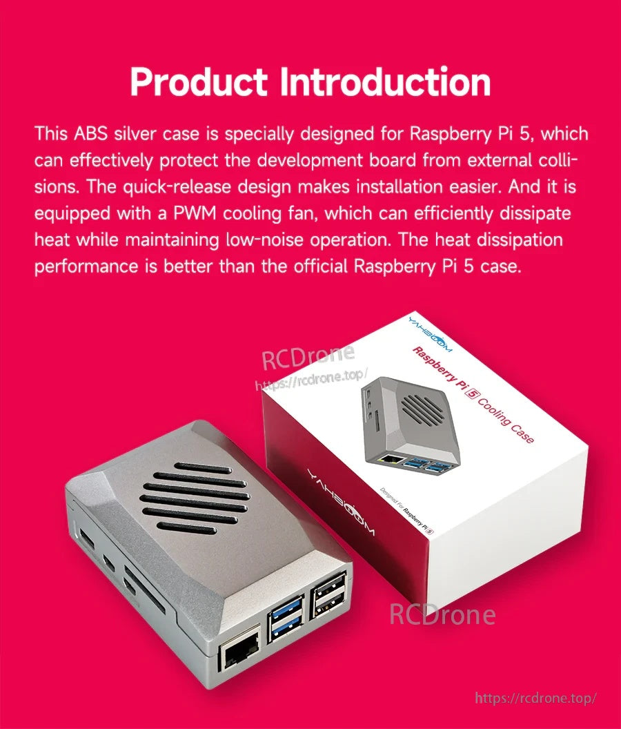 Raspberry Pi 5 ABS silver case product introduction card with retail box and case view