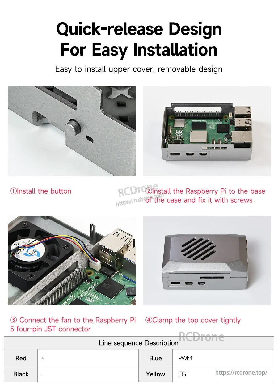 Quick-release installation steps showing button placement, board mounting, fan connector, and top cover clamp