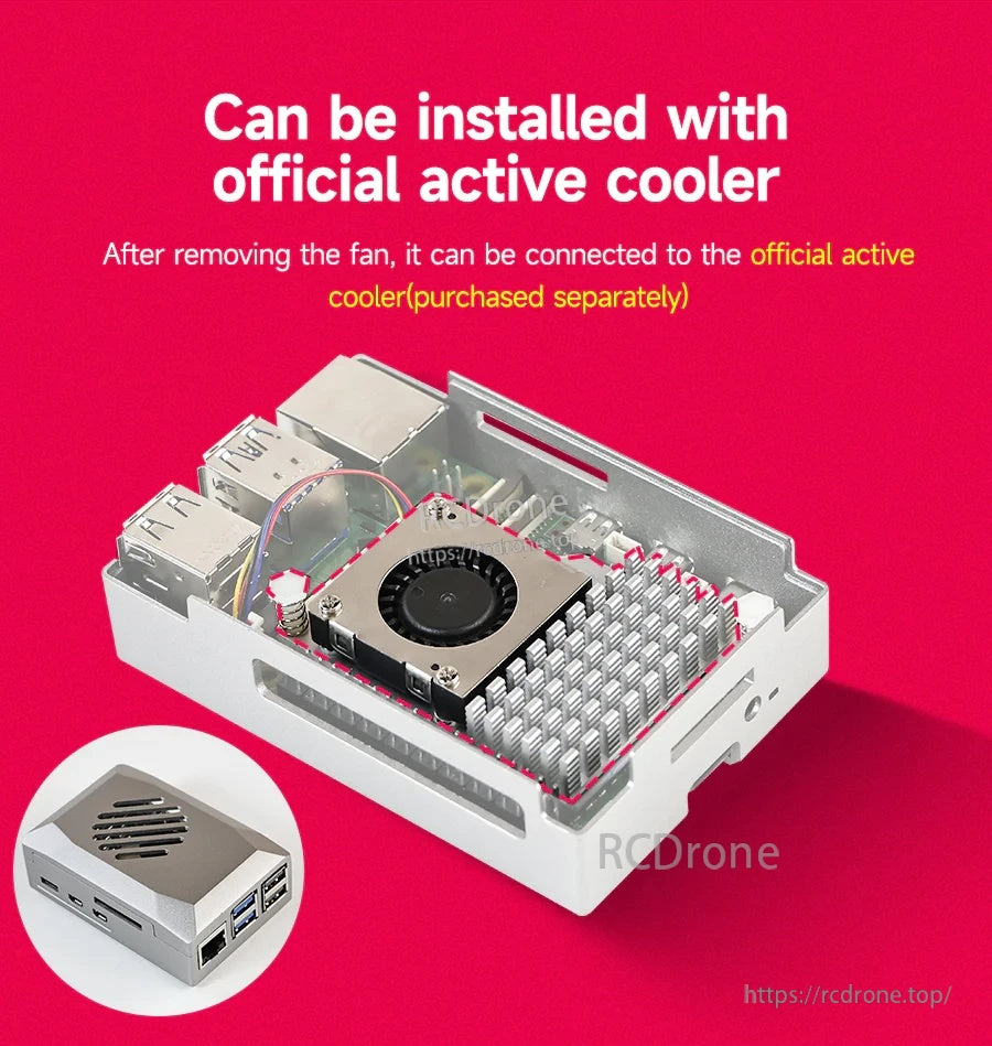 Case interior fitted with Raspberry Pi 5 official active cooler after removing the included fan