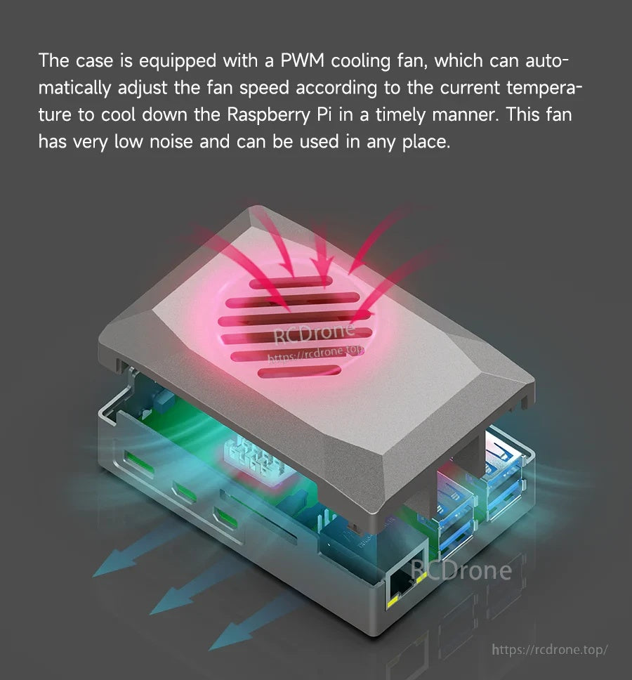 Exploded view of the ABS silver case airflow path with PWM fan exhausting heat through top vents