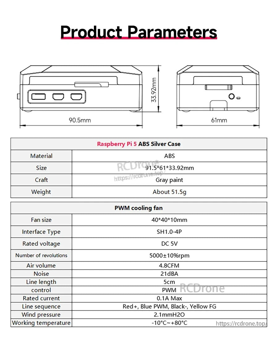 Product parameters table with ABS material, 91.5×61×33.92 mm size, 51.5 g weight, and 40 mm PWM fan specs