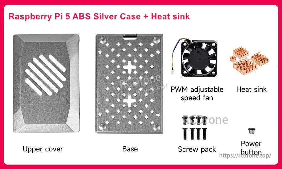 Yahboom Raspberry Pi 5 ABS silver case kit with vented cover, base, PWM fan, heatsinks, screws and power button