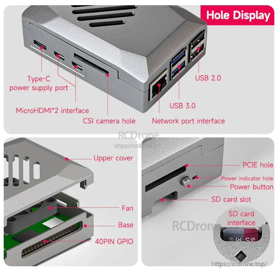 Port and opening map for the Raspberry Pi 5 ABS silver case including USB, HDMI, Type‑C, SD, GPIO, PCIe and button