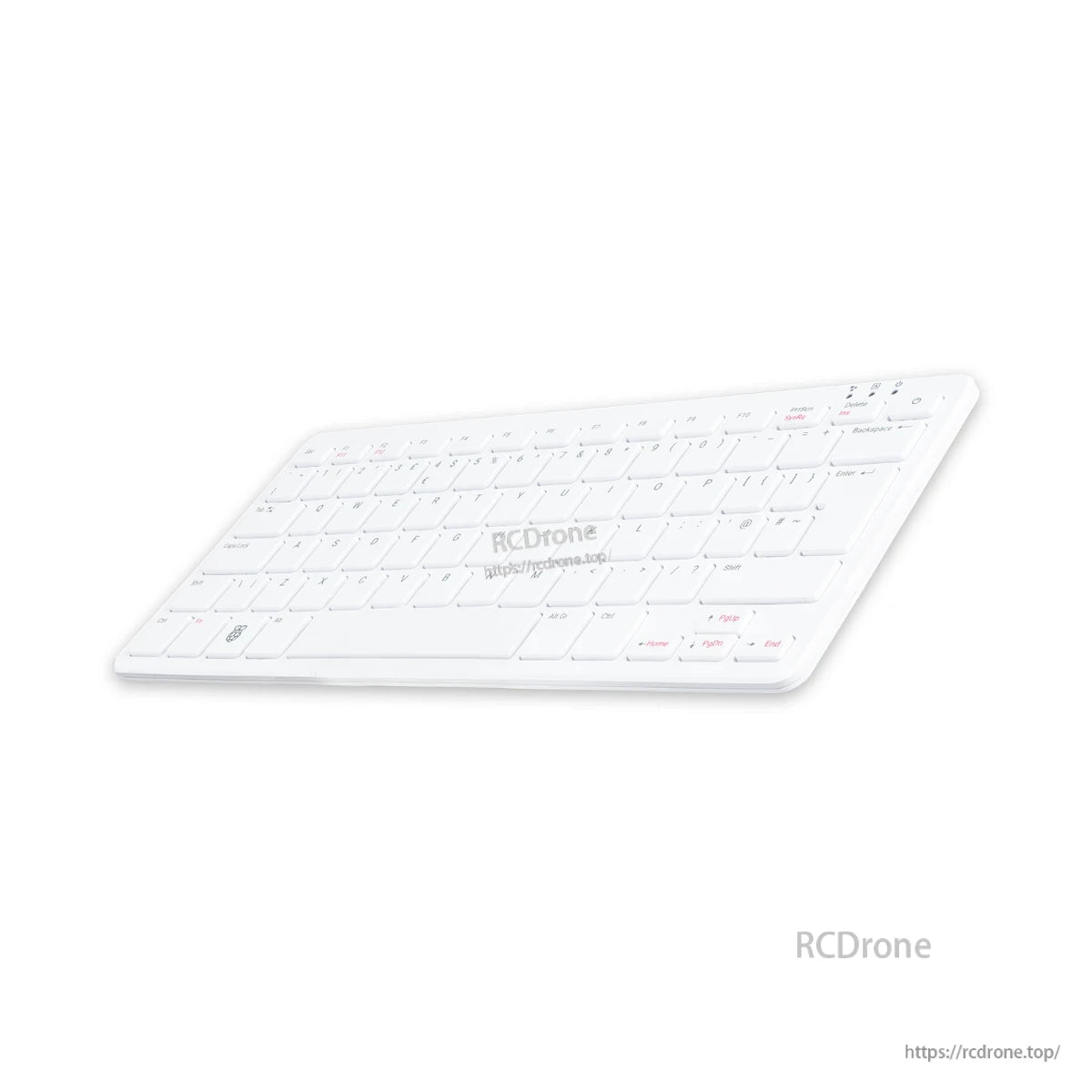 White keyboard with red function keys and minimalist design