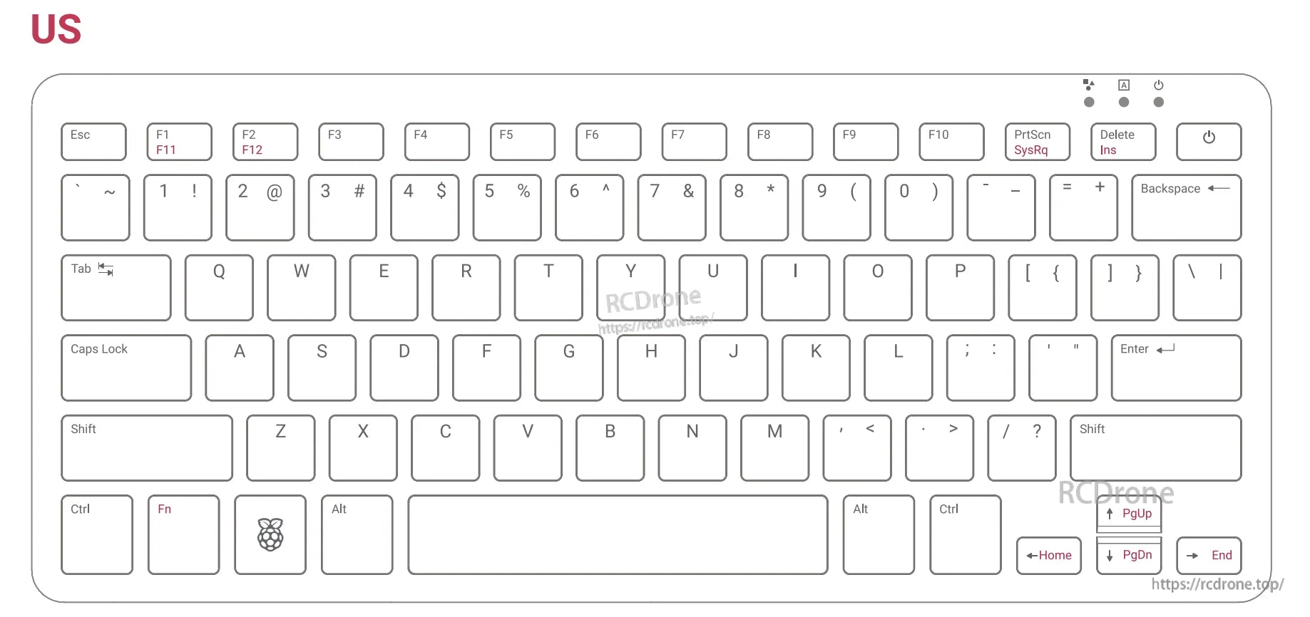 Raspberry Pi 500 Keyboard PC, US keyboard with standard keys, function controls, and Raspberry Pi logo on spacebar. Features Ctrl, Alt, Fn, Shift, Caps Lock, Enter, Backspace, navigation, and special keys.