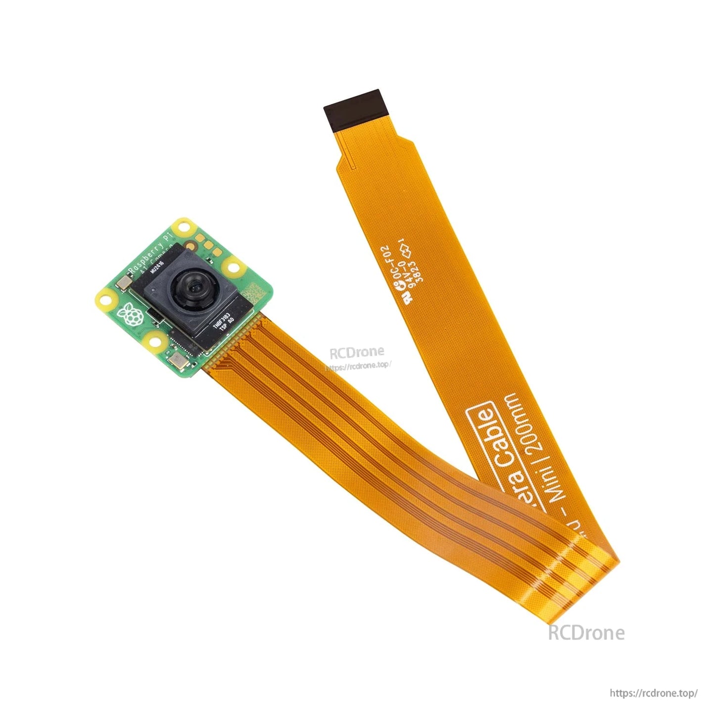 Raspberry Pi camera module attached to orange FPC ribbon cable, angled view showing connector end