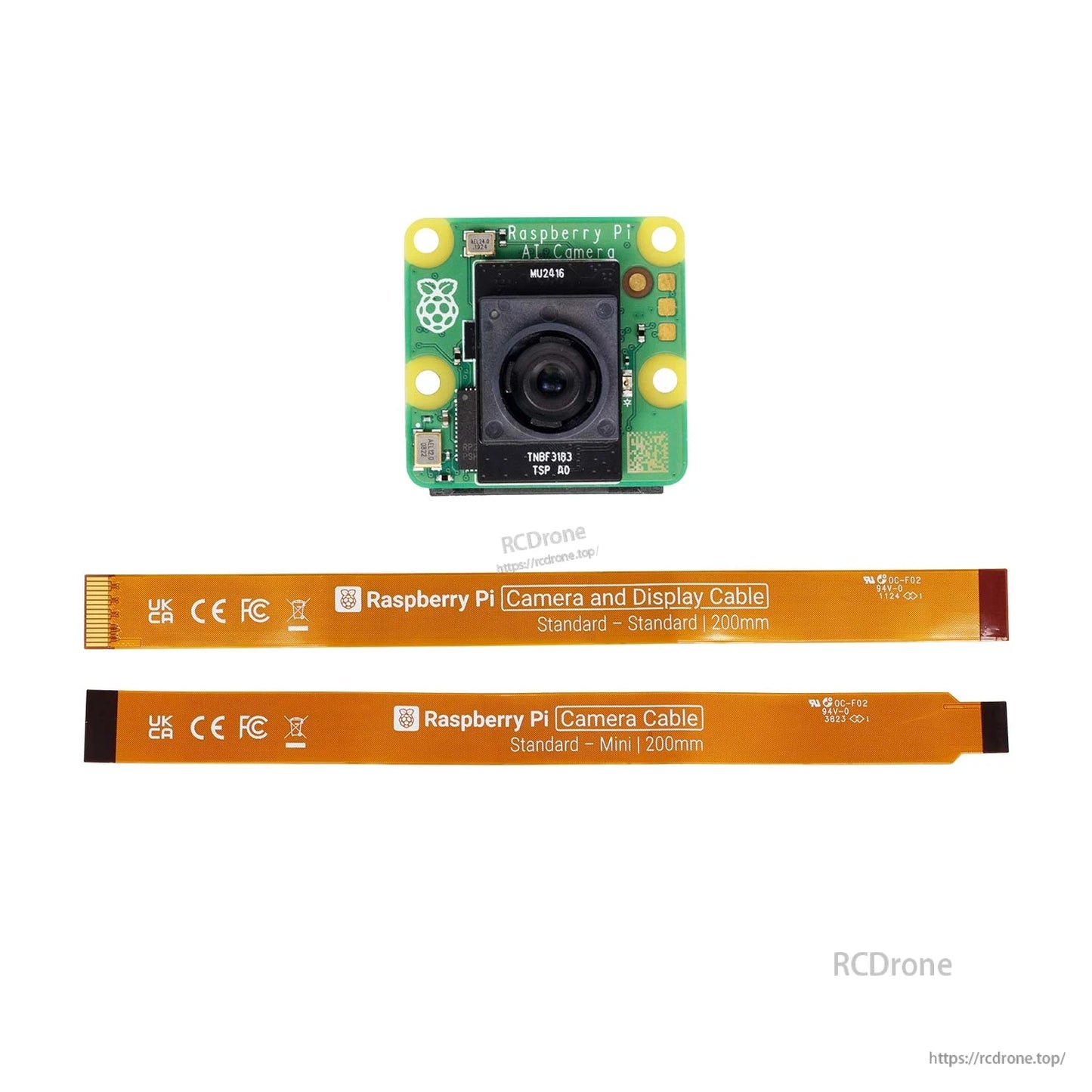Camera module with two included FPC cables: Camera and Display Cable (standard-standard) and Camera Cable (standard-mini)