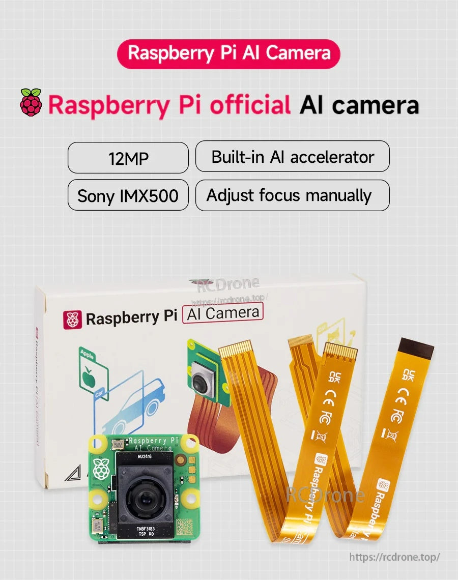 Raspberry Pi AI Camera kit with IMX500 module, packaging box, and two FPC ribbon cables