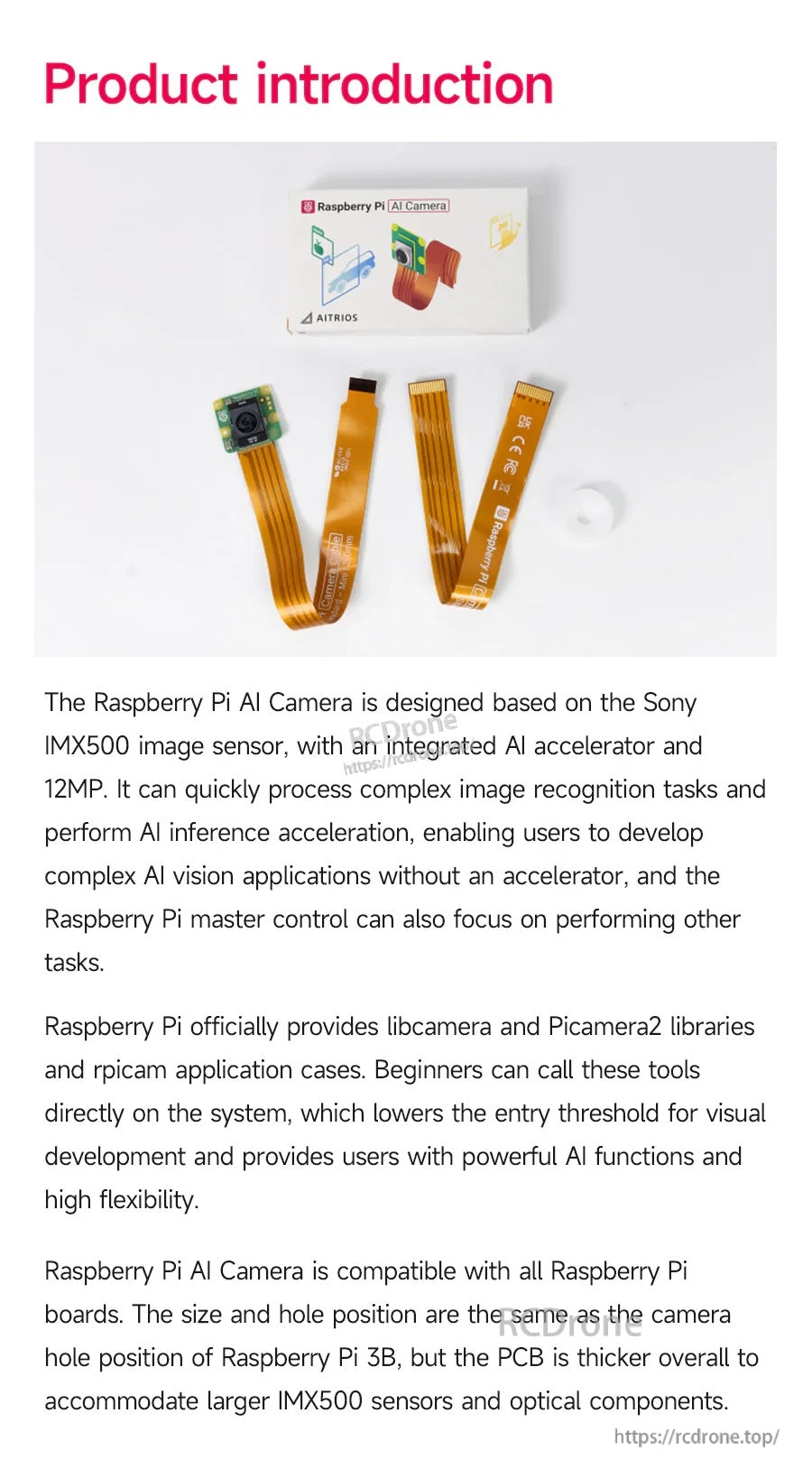 Raspberry Pi AI Camera Module and included FPC cables with brief product introduction text