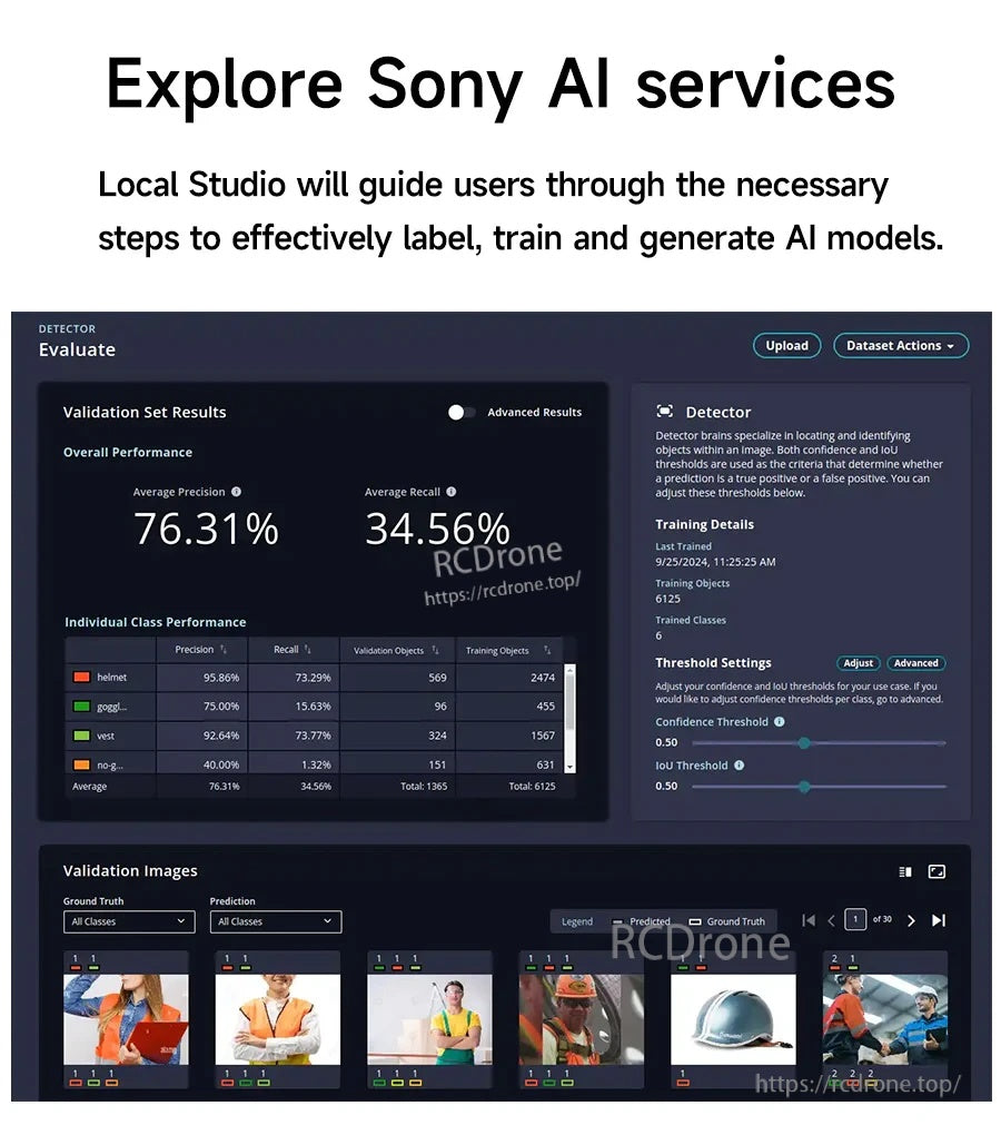 Sony AI services interface for dataset labeling, training, evaluation metrics, and detector settings