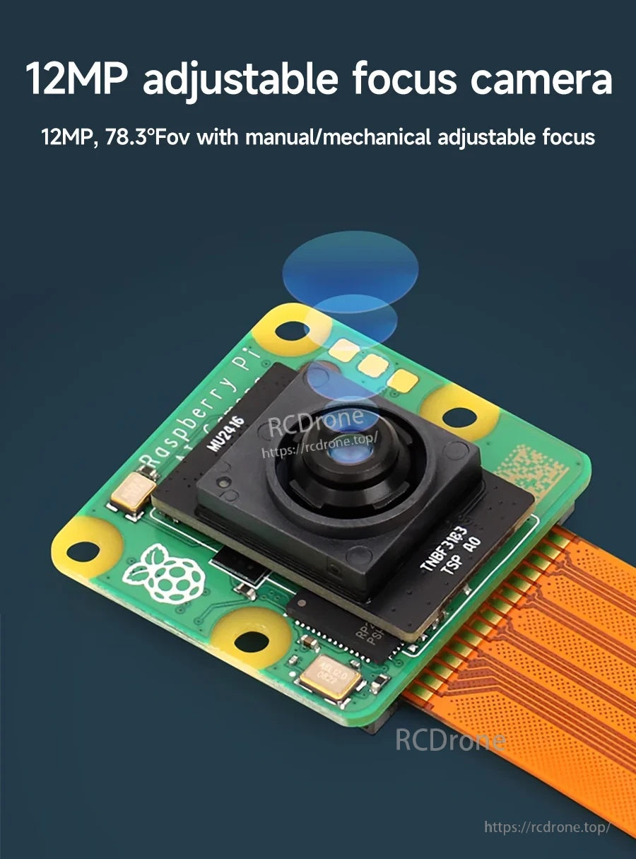 Close-up of the module with 12MP IMX500 sensor and manual focus lens
