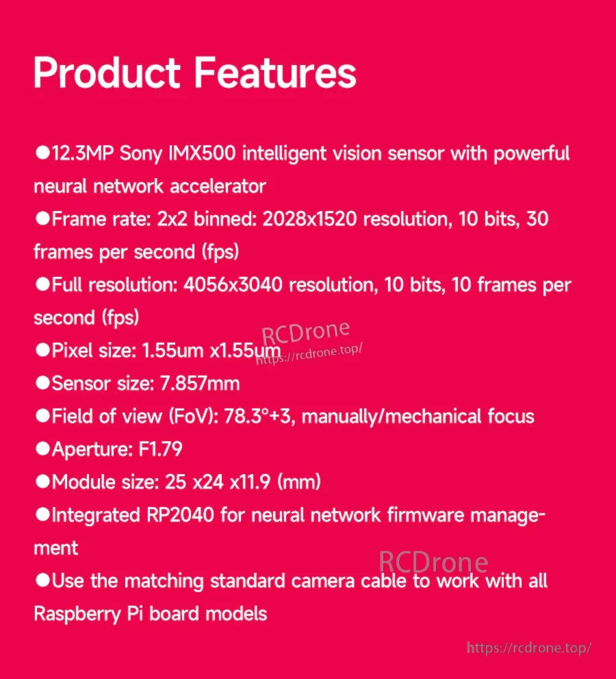 Raspberry Pi AI Camera product features list with IMX500 sensor, frame rates, FoV, and RP2040