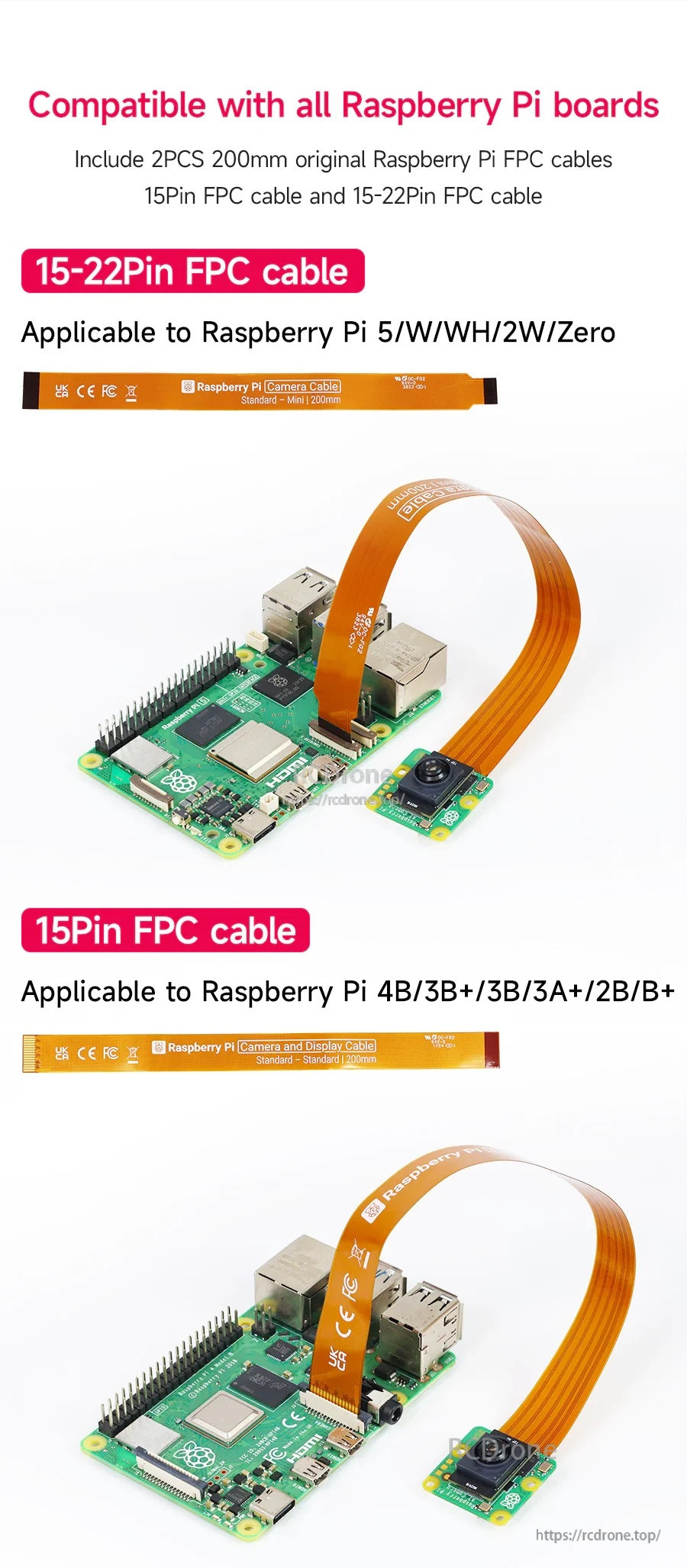 compatibility guide showing 15–22 pin and 15-pin FPC cables for Pi boards