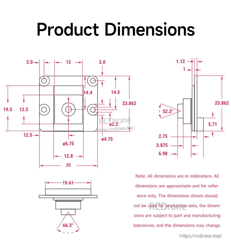 Mechanical drawing with module dimensions and field-of-view angles