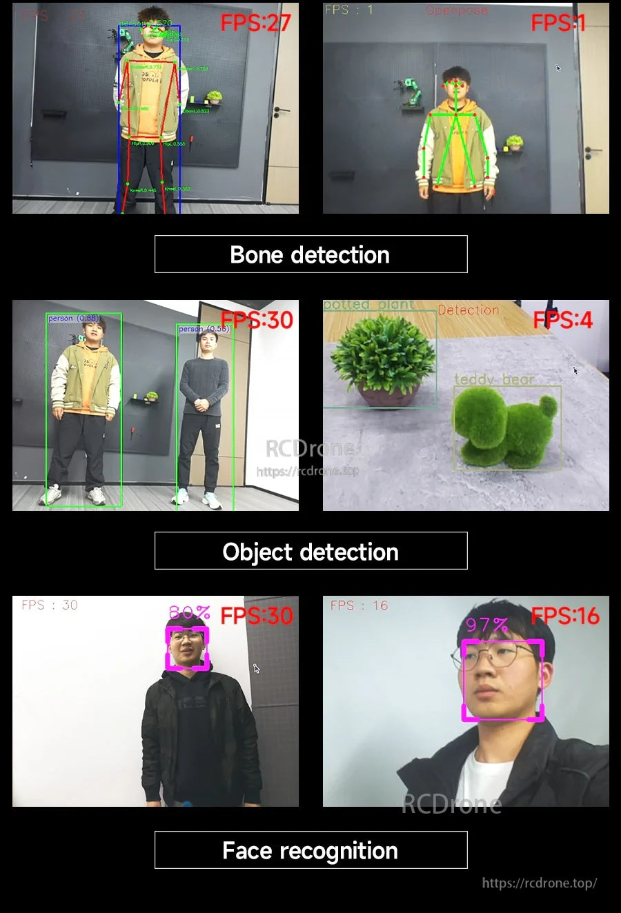 AI vision demo results for bone detection, object detection, and face recognition with FPS overlays
