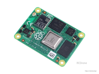Raspberry Pi CM4108032: 8GB RAM, 32GB storage, dual 4K output, Wi-Fi, Bluetooth. UK-made, CE/FCC certified, Broadcom chip, Samsung memory, green board with logo and serial.