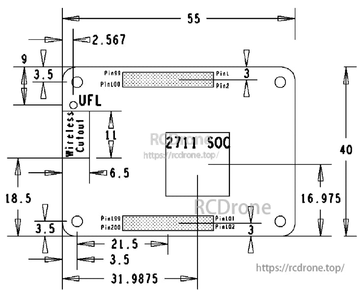 Raspberry Pi CM4 Computer, The Raspberry Pi CM4 features a BCM2711 SoC, UFL connector, wireless cutout, and detailed pin layouts with precise measurements.