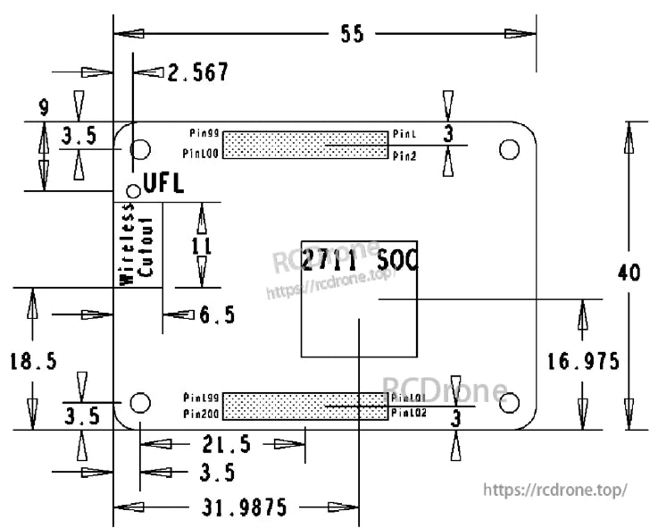 Raspberry Pi CM4 Computer, Raspberry Pi CM4 features BCM2711 SOC, UFL connector, wireless cutout, pin layout, and compact design with labeled components and precise measurements.