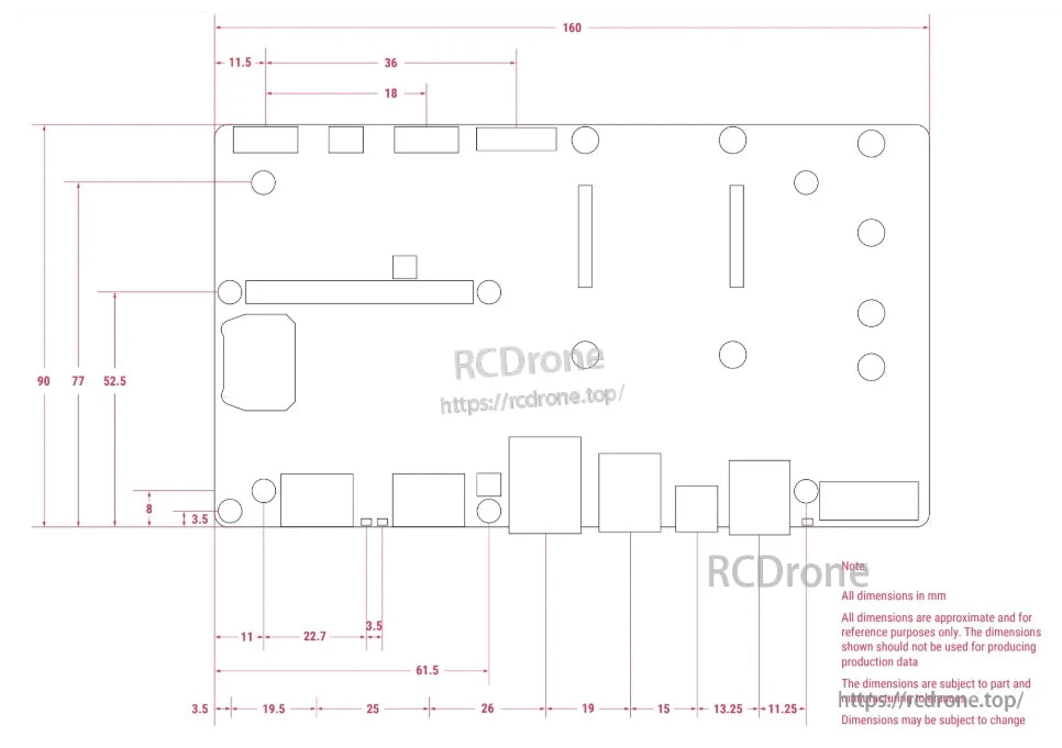 Raspberry Pi CM5IO IO Board, Raspberry Pi CM5IO board schematic with approximate dimensions (mm), for reference only, not for production; subject to tolerances.