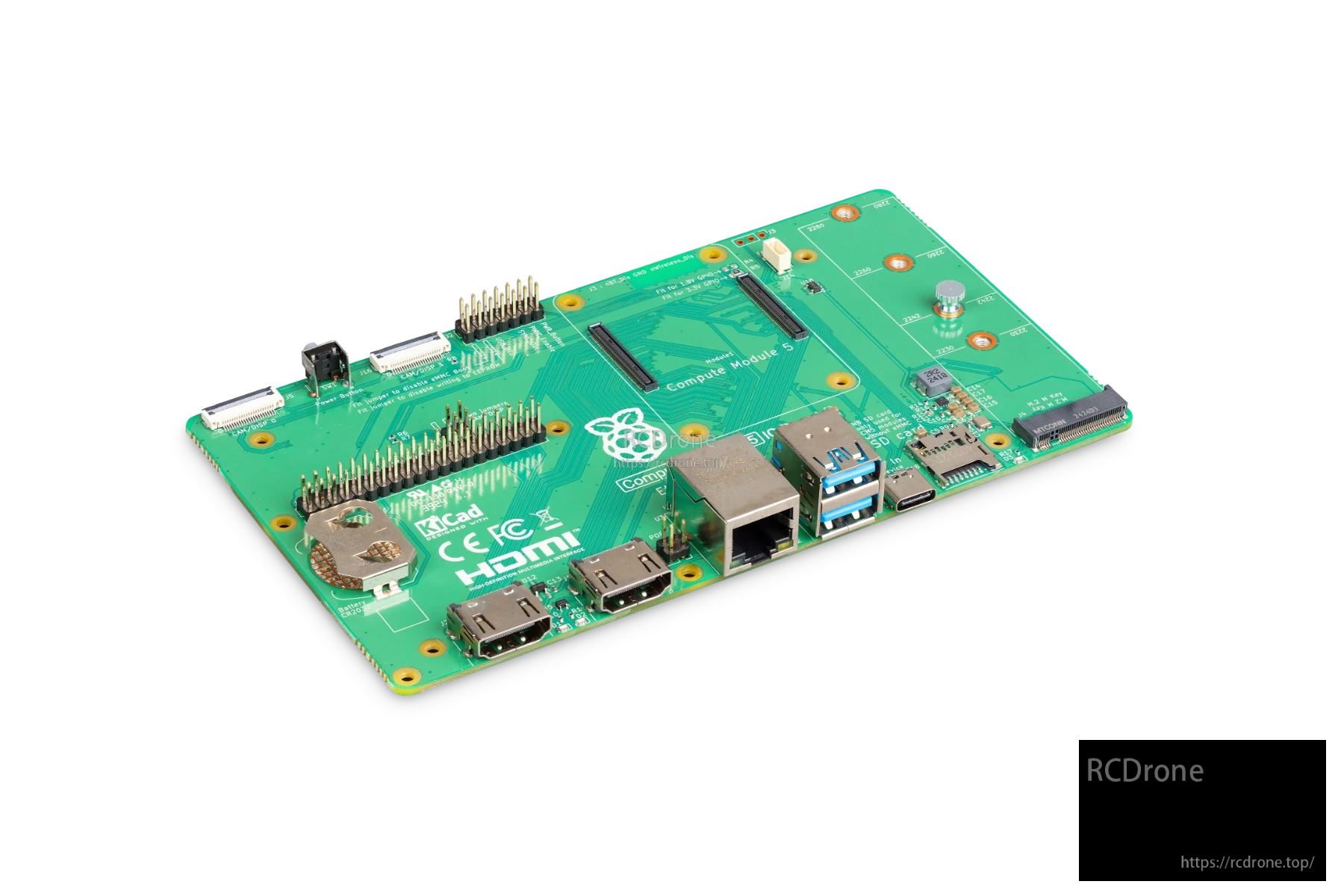Raspberry Pi Compute Module 5 IO Board (CM5IO) with M.2 M key, dual HDMI 2.0, USB 3, Gigabit Ethernet PoE+, HAT+ GPIO