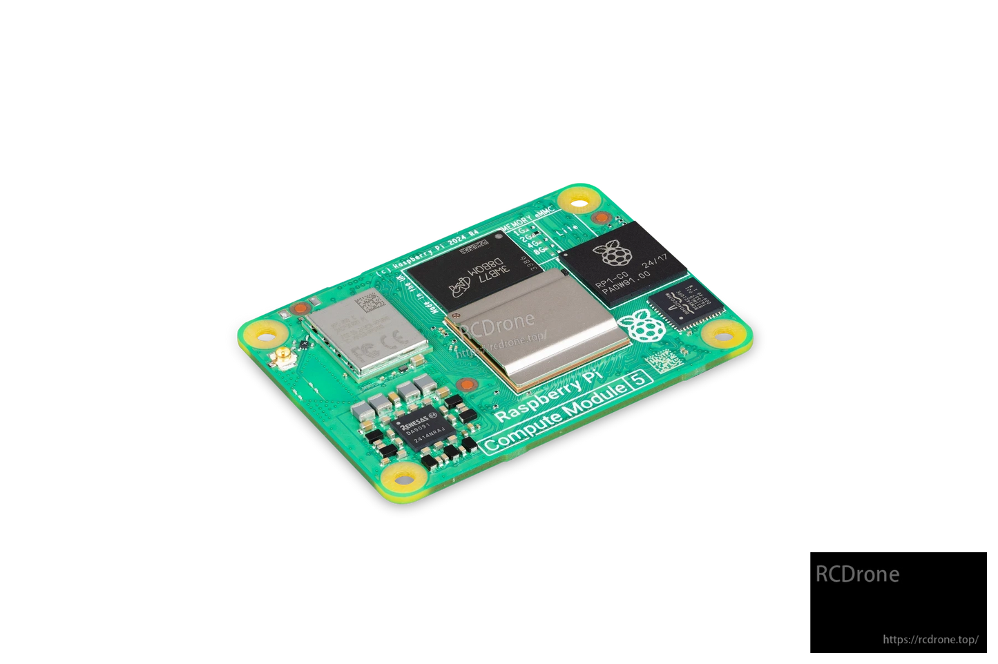Raspberry Pi Compute Module 5 features an "HOBBO LEONE" processor, 8GB RAM, 16GB eMMC, Wi-Fi, Bluetooth 5.0, dual 4K HDMI, RP1-CO chip, and labeled connectors with regulatory markings.