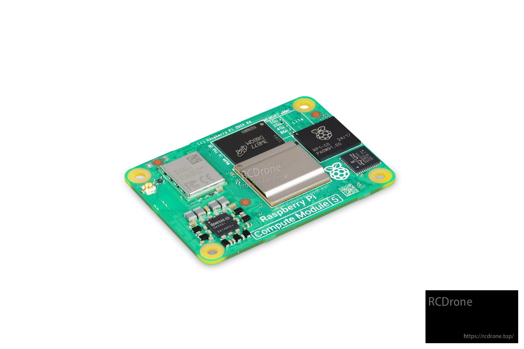 Raspberry Pi Compute Module 5 features an "HOBBO LEONE" processor, 8GB RAM, 16GB eMMC, Wi-Fi, Bluetooth 5.0, dual 4K HDMI, RP1-CO chip, and labeled connectors with regulatory markings.