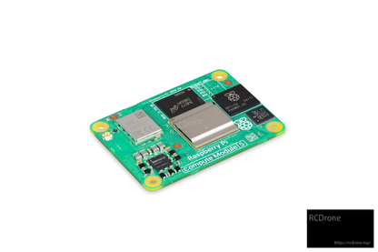 Raspberry Pi Compute Module 5 features an "HOBBO LEONE" processor, 8GB RAM, 16GB eMMC, Wi-Fi, Bluetooth 5.0, dual 4K HDMI, RP1-CO chip, and labeled connectors with regulatory markings.