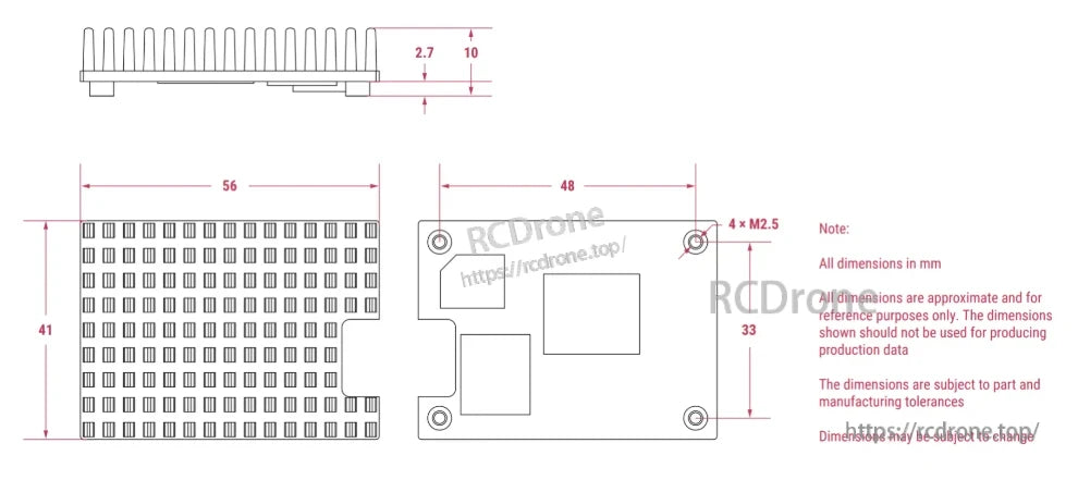Raspberry Pi Compute Module 5 Cooler dimensions in mm; approximate, for reference only, subject to change and manufacturing tolerances.