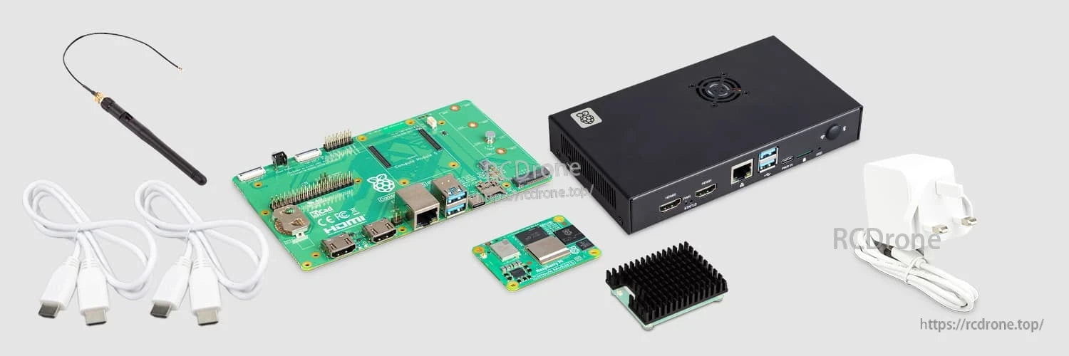 Raspberry Pi Compute Module 5 Dev Kit, Raspberry Pi Compute Module 5 Wireless development kit with various accessories and documentation.