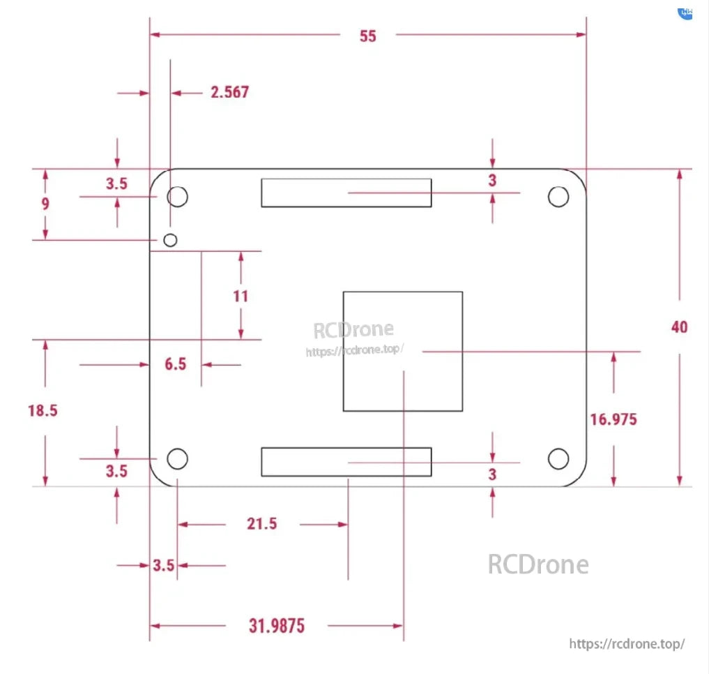 The Raspberry Pi Compute Module 5 measures 55mm x 40mm, featuring mounting holes and cutouts for connectors and components.