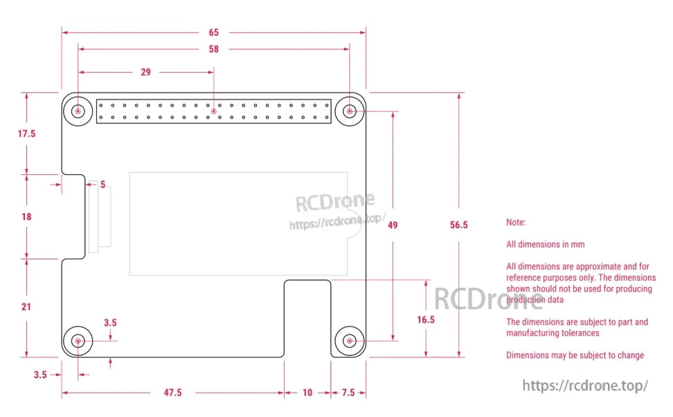 Raspberry Pi M.2 HAT, Dimensions: approximately 16.5mm, 3.5mm, 47.5mm, and 7.5mm for reference purposes.