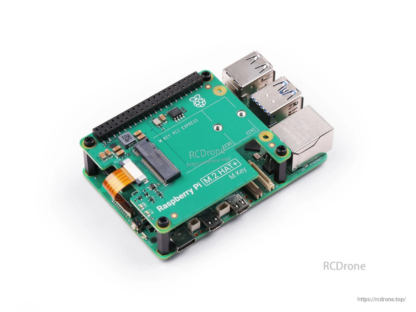 Raspberry Pi M.2 HAT+ supports PCIe 2.0, NVMe M.2 2230/2242 drives, features M Key interface, and is compatible with active cooling.