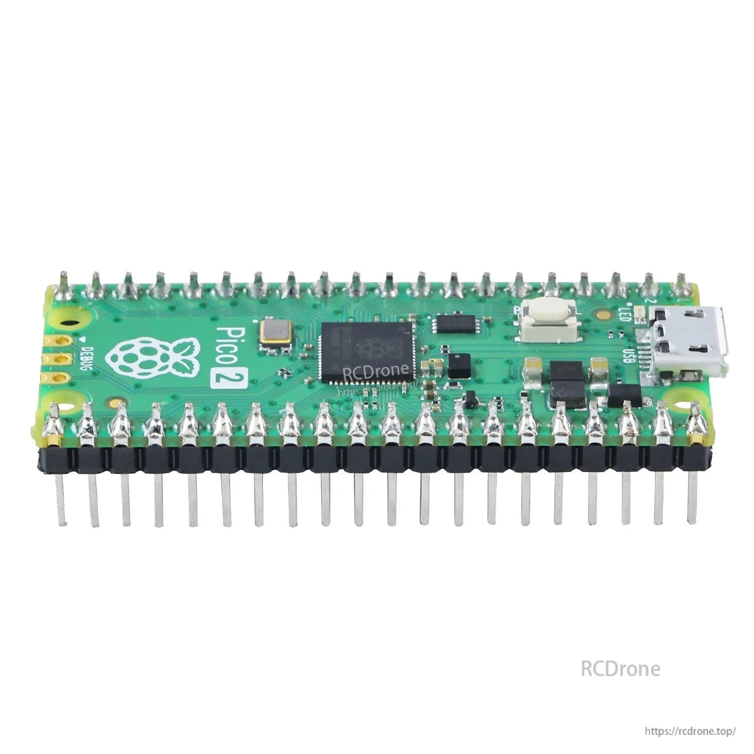 Raspberry Pi Pico 2 board with soldered headers, side view showing micro USB port and BOOTSEL button