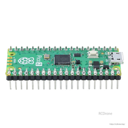 Raspberry Pi Pico 2 board with soldered headers, side view showing micro USB port and BOOTSEL button